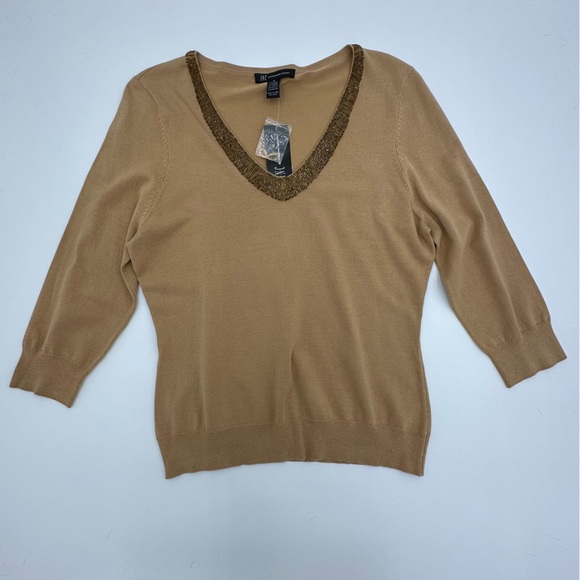 NWT INC International Concepts Gold Tan Holiday Sweater Gold Beading on V Neck - Picture 11 of 13